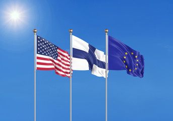 Three realistic flags of European Union, USA (United States of America) and Finland. 3d illustration.