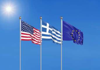 Three realistic flags of European Union, USA (United States of America) and Greece. 3d illustration.