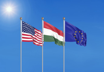 Three realistic flags of European Union, USA (United States of America) and Hungary. 3d illustration.