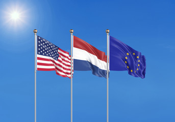 Three realistic flags of European Union, USA (United States of America) and Netherlands. 3d illustration.