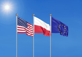 Three realistic flags of European Union, USA (United States of America) and Poland. 3d illustration.