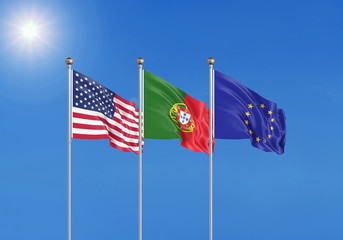 Three realistic flags of European Union, USA (United States of America) and Portugal. 3d illustration.
