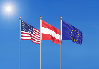 Three realistic flags of European Union, USA (United States of America) and Austria. 3d illustration.