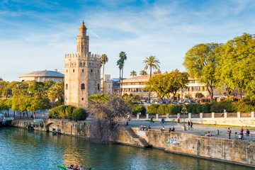 The Torre del Oro tower in Seville, Spain. - 350214597