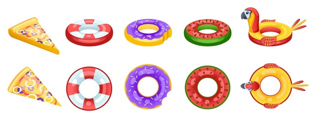 Inflatable float. Top view summer pool party accessory. Isolated beach swimming ring floating toy, vacation equipment, lifebuoy vector icons. Inflatable circle, top view pool equipment illustration