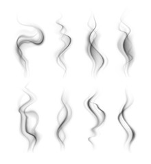 Black smoke effect. Nature burning fire steam. Isolated smoke black explosion. Abstract realistic trail of dark fog or vapor vector set. Smoke cigarette cloud, steam fog transparent illustration