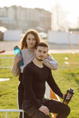Obraz premium Friends fitness training together outdoors living active healthy