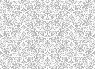 Wallpaper in the style of Baroque. Seamless vector background. White and grey floral ornament. Graphic pattern for fabric, wallpaper, packaging. Ornate Damask flower ornament.
