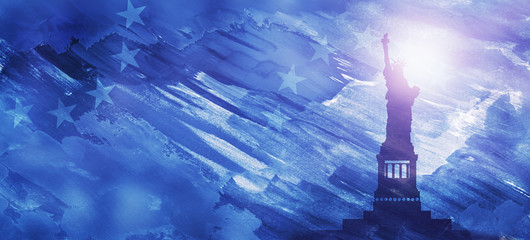 American National Holiday. US Flags with American stars, stripes and national colors. Statue of Liberty. President's Day. 4th July. Veterans Day. Memorial Day. Watercolors.