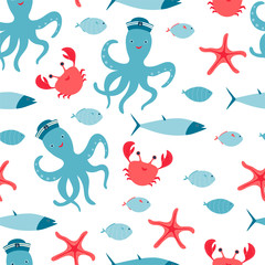 Children's seamless pattern with underwater animals, octopus, crab, fish, starfish in cartoon style. Texture for kids room design, Wallpaper, textiles, wrapping paper, apparel. Vector illustration