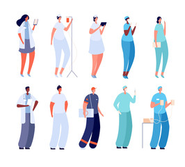 Doctor and nurse. Flat hospital intern, surgeon paramedic. Young medical team. Isolated male female infectious disease specialist vector set. Medical intern, woman professional physician illustration