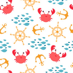 Children's seamless pattern with crab, fish, helm, anchor in cartoon style. Texture for kids room design, Wallpaper, textiles, wrapping paper, apparel. Vector illustration