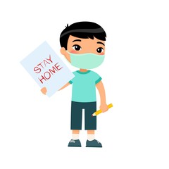 Little asian boy with face mask holding paper sheet with 