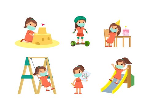 Little girl with face mask plays in the playground. Concept of summer entertainment with respiratory diseases, allergies. Child plays different summer games. Cartoon character, flat vector