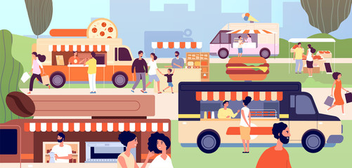 Naklejka premium Street food festival. Festival vendors shops, outdoor business. Fast food trucks and stalls, park event. Summer shopping vector illustration. Street fast food festival, event park colorful