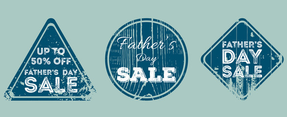 Father’s Day sale stamp with wooden and iron surface. Road signs for promotion poster with grunge effect and different shapes and textures. Vector template for a discount logo or advertising label.