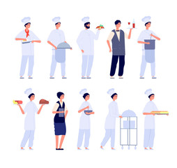 Restaurant team. Food specialist, flat chef and waiter. Isolated cafe manager, friendly staff. Male female cooking, kitchen workers vector set. Illustration professional restaurant, chef and staff