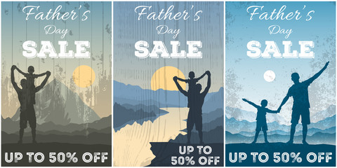 Father’s Day sale. Vector promotion poster with wooden texture and silhouette of dad and son on landscape background. Template for a discount flyer or advertising banner.