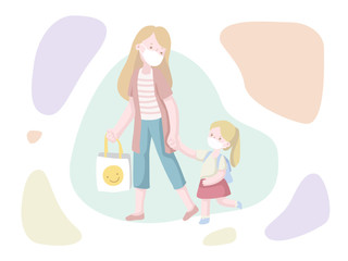 Mother is taking her kid to school with wearing mask during COVID-19 epidemic vector illustration flat design with outline drawing