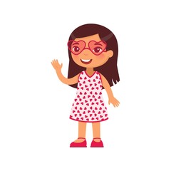 Little girl in heart shaped glasses flat vector illustration. Smiling child character waving hello. February 14 holiday isolated design element. Valentines Day. Asian kid in festive pink sunglasses