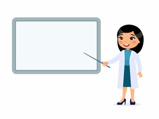 Fototapeta na wymiar Smiling asian female doctor points to an empty medical demonstration board. Doctor in a white coat character. Vector illustration on a white background.