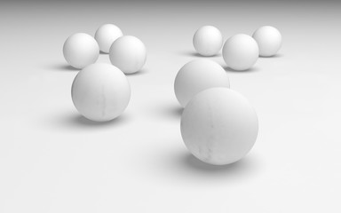 White abstract background. Set of white balls isolated on white backdrop. 3D illustration