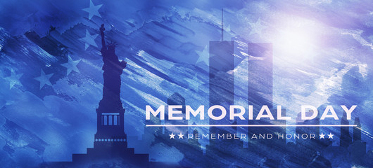 American National Holiday. US Flags with American stars, stripes and national colors. Statue of Liberty. New York. President's Day. 4th July. Veterans Day. Memorial Day. Watercolors.