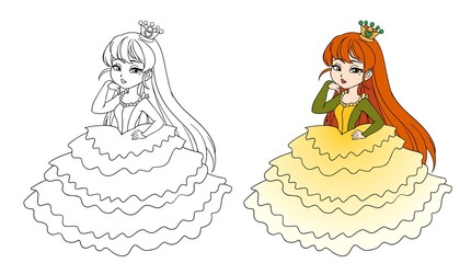 Beautiful little princess wearing long ball dress. Big cartoon eyes and head.