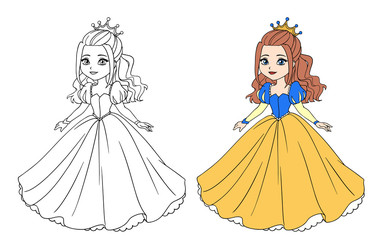 Beautiful little princess wearing long ball dress. Big cartoon eyes and head. © TomatoLaccoon