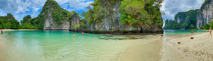 PHUKET, THAILAND - DECEMBER 18, 2019: Tourists enjoy the beautiful Hong Island Lagoon. Panoramic view