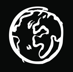 Planet Earth. Contour globe symbol, illustration, sketch. Black and white hand drawn doodle, freehand logo. Vector design element for geography, space, travel, education, environmental themes