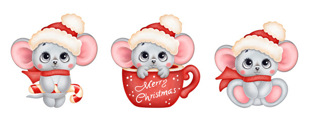 Cute cartoon christmas mice set on white background