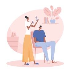 Man and a woman spend time together at home. Young happy couple stay home on quarantine. Corona virus self-isolation illustration. Isolation period at home