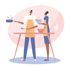 Man and a woman spend time together at home. Young happy couple stay home on quarantine. Corona virus self-isolation illustration. Isolation period at home