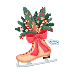 Winter Christmas ice skates with Christmas tree branches, ginger cookies and candy canes isolated on white background.