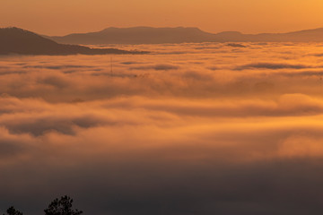 Mountains in fog at beautiful morning in autumn in Dalat city, Vietnam. Landscape with Langbiang mountain valley, low clouds, forest, colorful sky , city illumination at dusk.