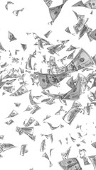 Flying dollars banknotes isolated on white background. Money is flying in the air. 100 US banknotes new sample. Black and white style. 3D illustration