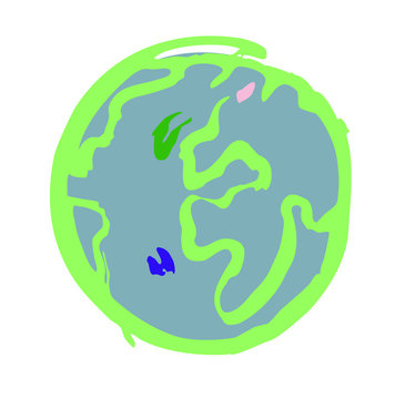 Planet Earth. The globe with continents, oceans, countries. Eco symbol illustration. Colorful hand drawn logo. Freehand design element recycling conservation travel global warming environmental issues