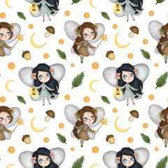 Cute cartoon little forest fairies seamless pattern