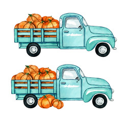 Watercolor illustration of autumn harvest pickup truck with pumpkins isolated on a white background. © Bonbonny