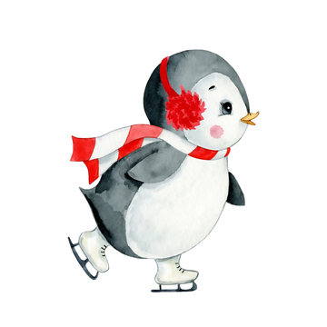 Watercolor illustration of a cute cartoon Christmas penguin ice skating isolated on white background.