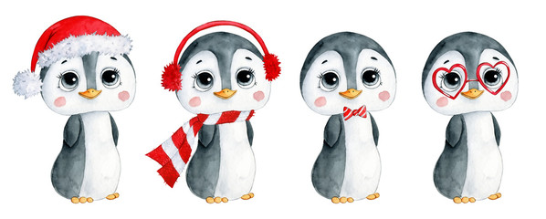 Watercolor illustration of a cute cartoon winter Christmas penguin set on a white background. © Bonbonny