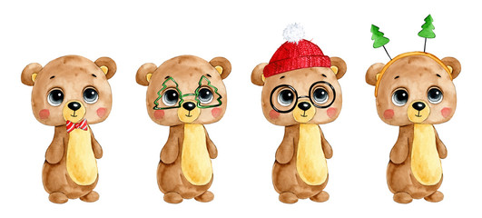 Watercolor illustration of a cute cartoon winter Christmas teddy bear set on a white background.
