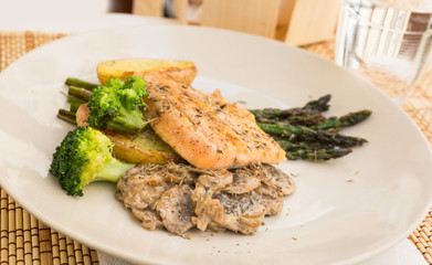 dish of fried river trout fillet with garnish of broccoli, asparagus sprouts and mushroom sauce