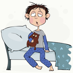 Sleepy boy with a teddy bear, vector illustration