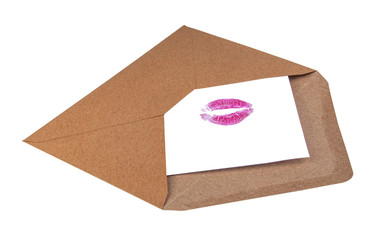 Craft envelope with lip kiss track isolated on the white