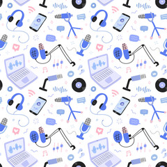 podcast and broadcast pattern, vector collage with microphones, headphones, computer program for recording and producing podcast shows, seamless ornament, hand drawn icons, endless background