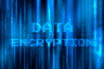 Abstract digital background with binary code compute and wording Data Encryption. Hackers, darkness, virtual reality and science fiction. The matrix background with cybersecurity concept.