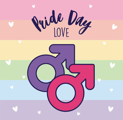 Pride day love female and male gender in front of lgtbi flag vector design