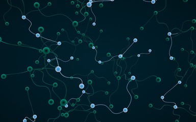 Neural network. Social network. Futuristic dna, deoxyribonucleic acid. Abstract molecule, cell illustration, mycelium. Dark background. 3D illustration